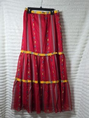 0594 Tulip B Red Tiered Bohemian Maxi Skirt with Yellow Trim